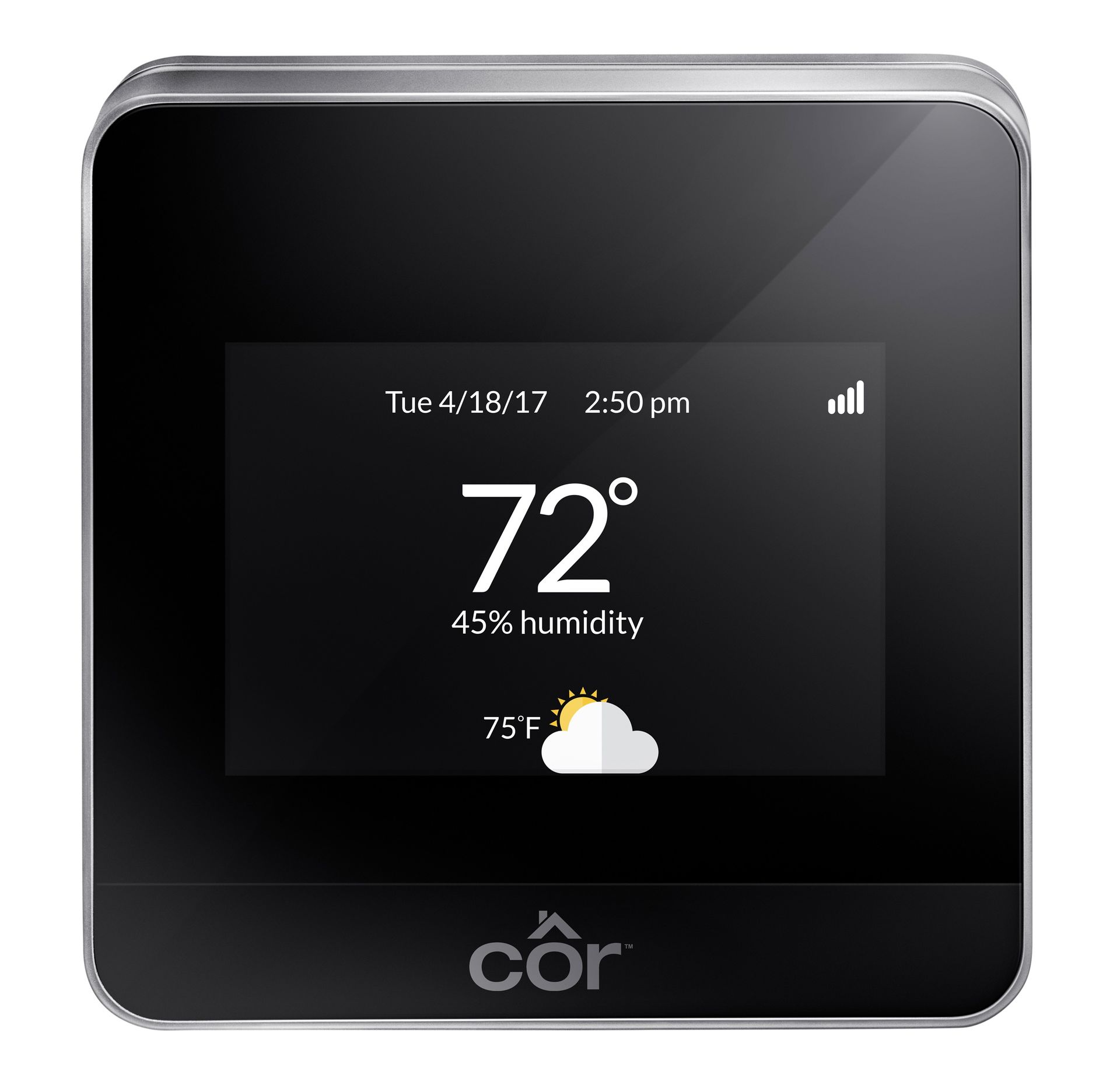 Black square smart thermostat displaying 72°, 45% humidity, and weather icon on screen