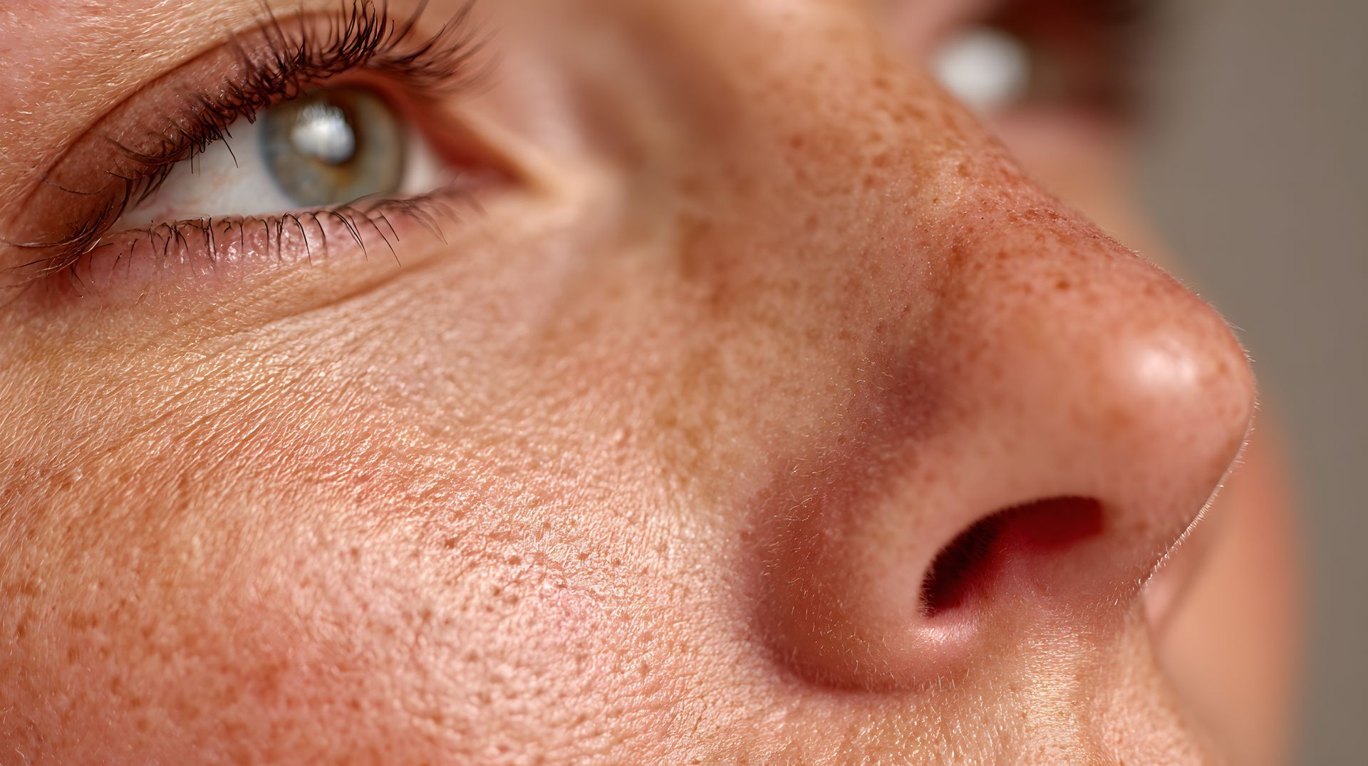 Human skin texture on a cheek, highlighting visible pores and fine hairs under soft natural lighting.