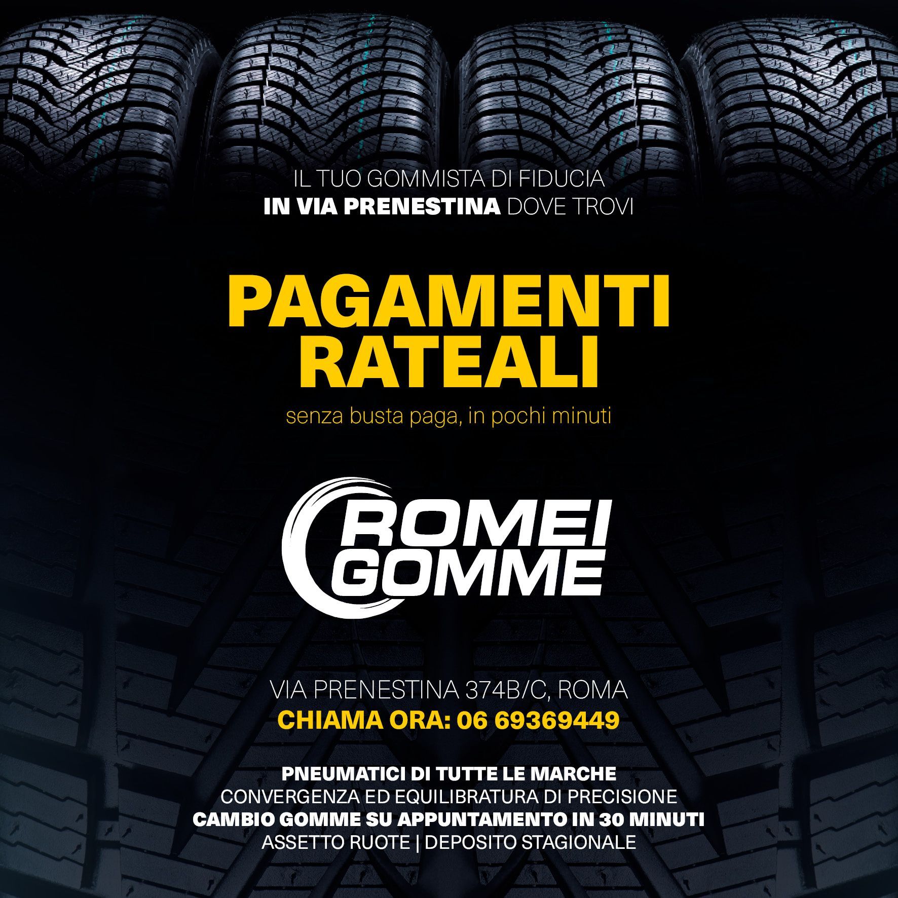 Promozione Romi Gomme con “Pagamenti rateali” su sfondo nero e pneumatici in alto