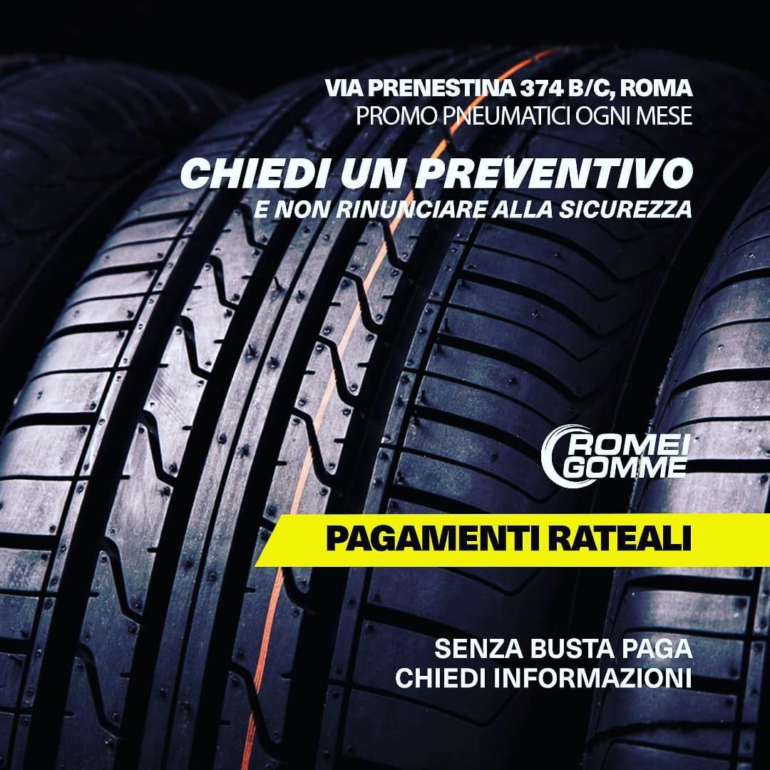 Officina gomme con testo promozionale su pneumatici e pagamenti rateali, logo Rome Gomma.