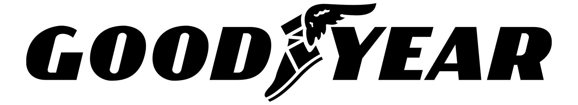 Logo Goodyear in testo stilizzato nero con grafica a forma di piede alato.