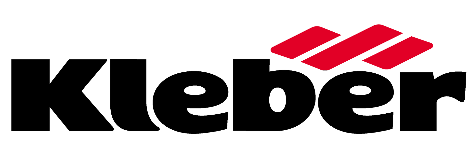 Logo Kleber in lettere minuscole nere con tre segni geometrici rossi sopra il testo