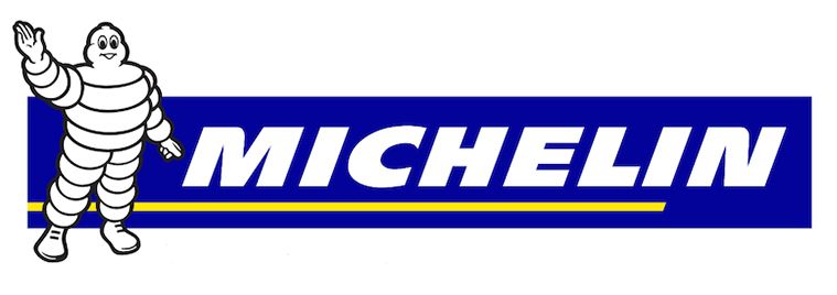 Logo Michelin con la mascotte bianca Bibendum accanto a testo blu su sfondo bianco