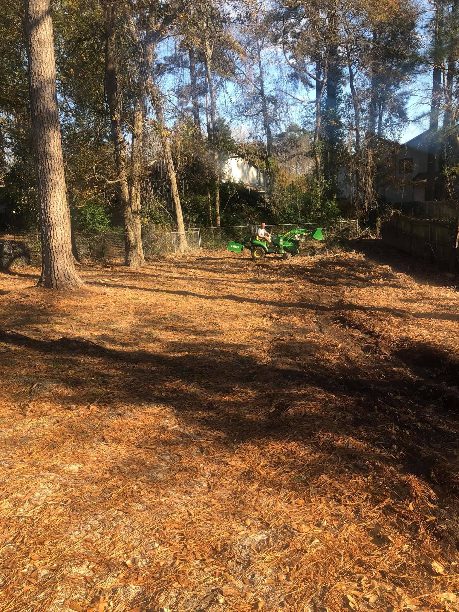 A clearing in a wooded area covered in brown leaves, with a green tractor parked in the background.
