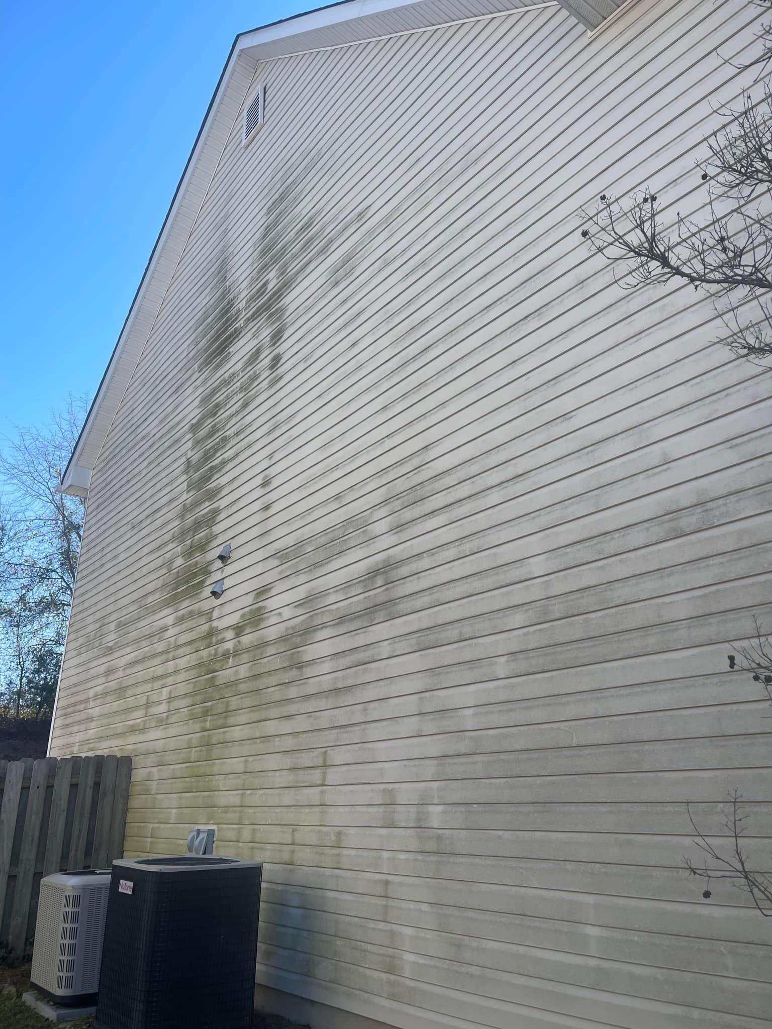 Side of a house with beige vinyl siding covered in dark green algae and mildew buildup, seen against a clear blue sky.