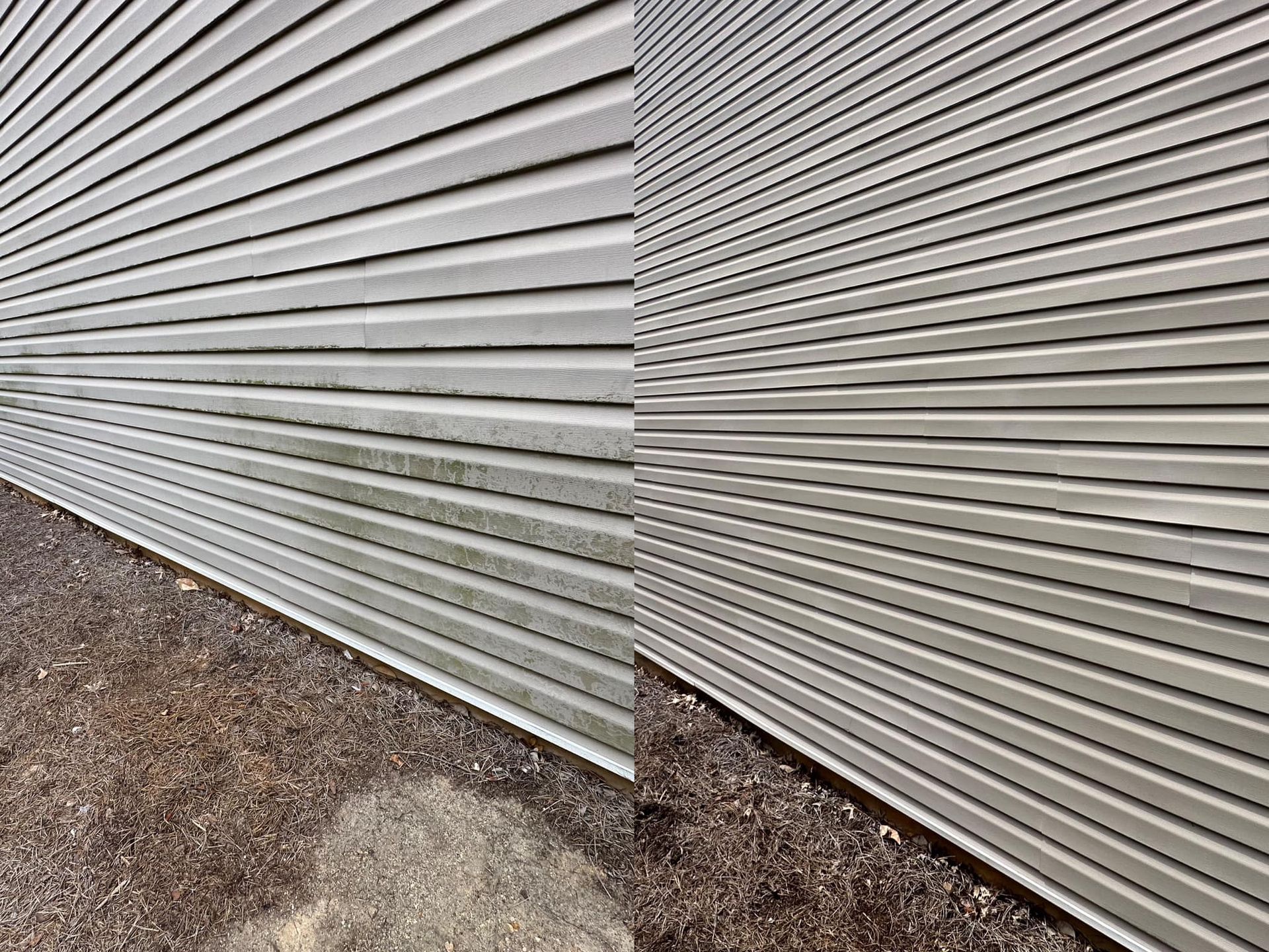 Split view showing light gray vinyl siding before and after power washing, revealing significant dirt removal.