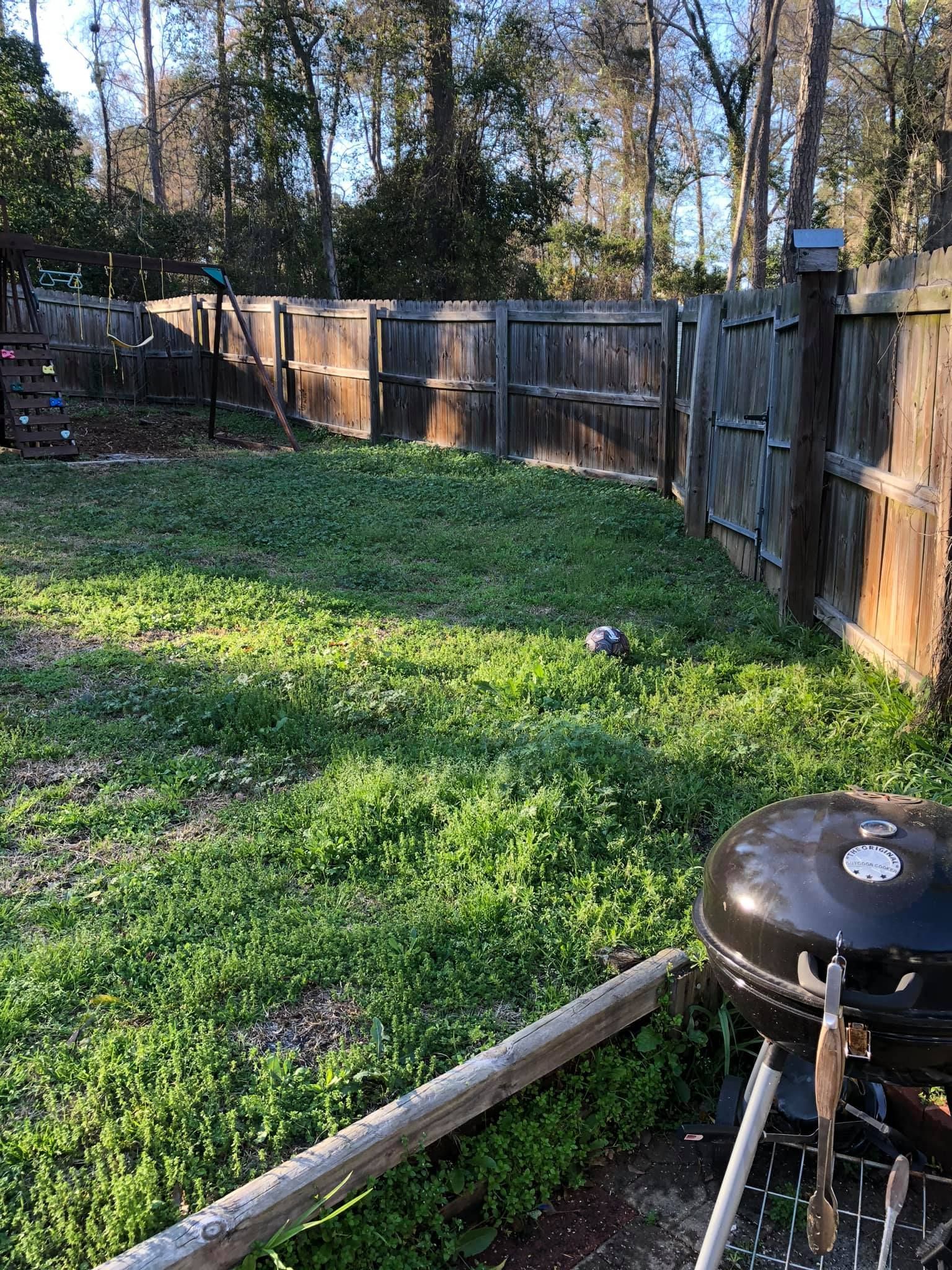 A backyard with a green grassy lawn, a wooden fence, and a charcoal grill in the foreground.
