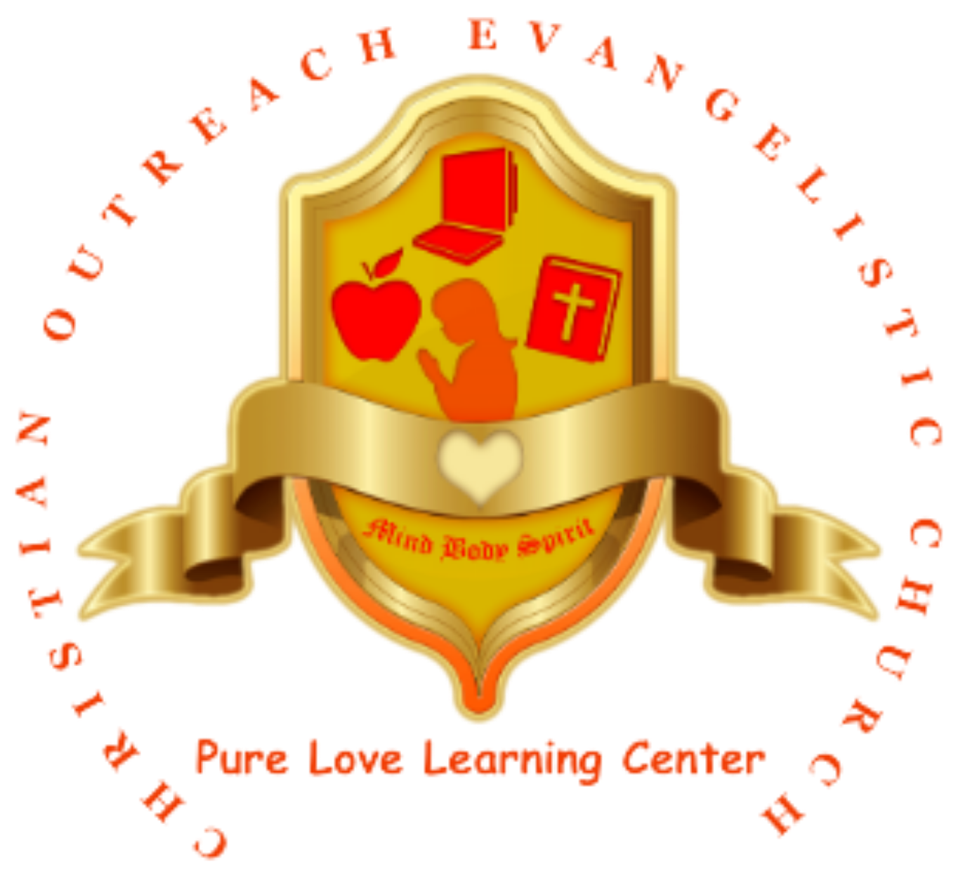 Logo for Christian Outreach Evangelistic Church: gold shield  Pure Love Learning Center text