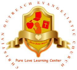 Logo for Christian Outreach Evangelistic Church: gold shield Pure Love Learning Center text