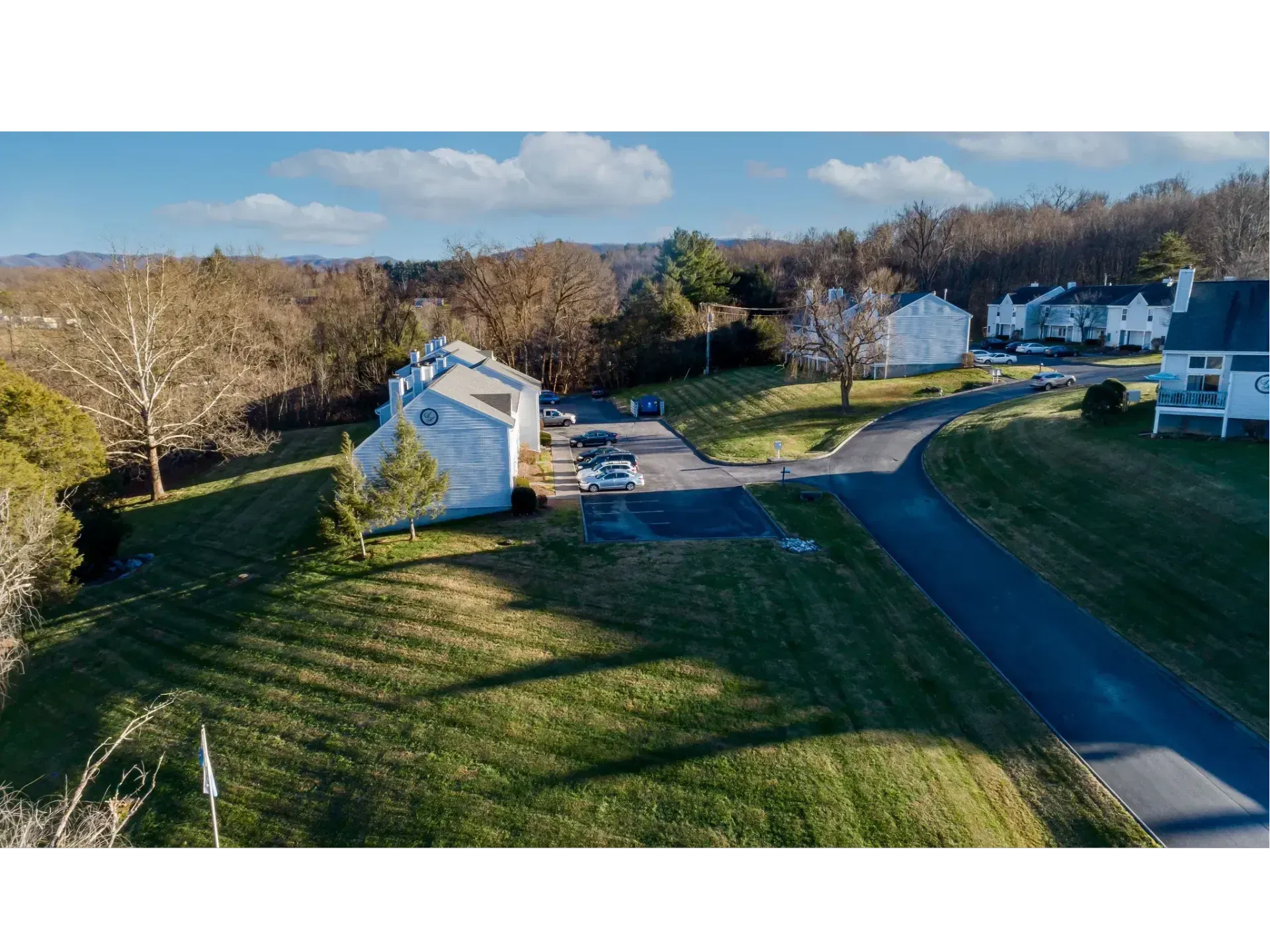 Suburban homes beside a curved road, with grassy lawns, trees, and late-afternoon shadows.