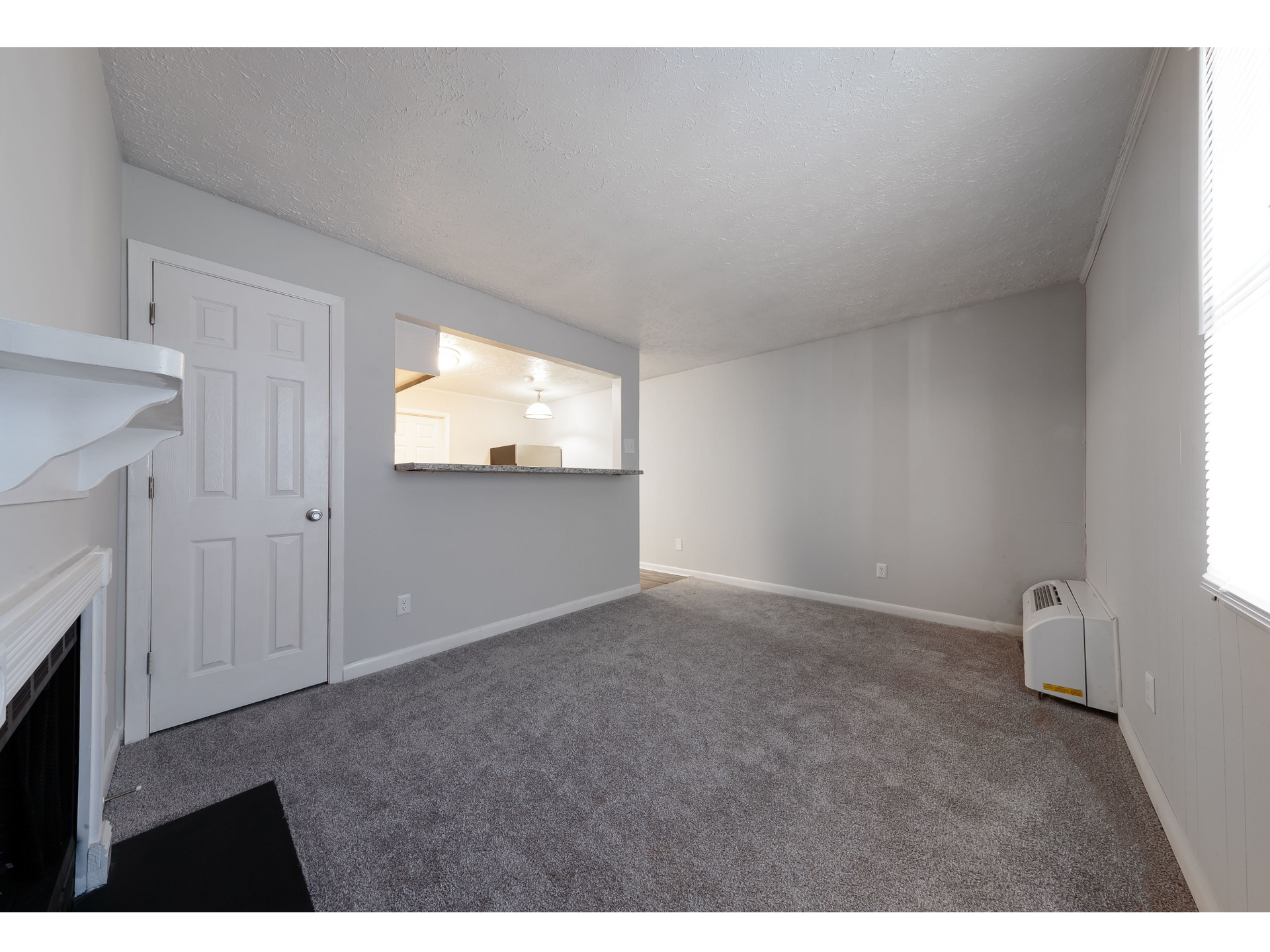 Empty carpeted living room with white walls, a pass-through to the kitchen, and a white door near the fireplace.