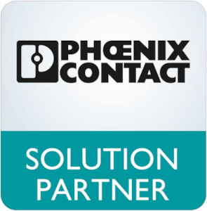 Logo for Phoenix Contact Solution Partner. Features black text and icon on a white background, teal banner.