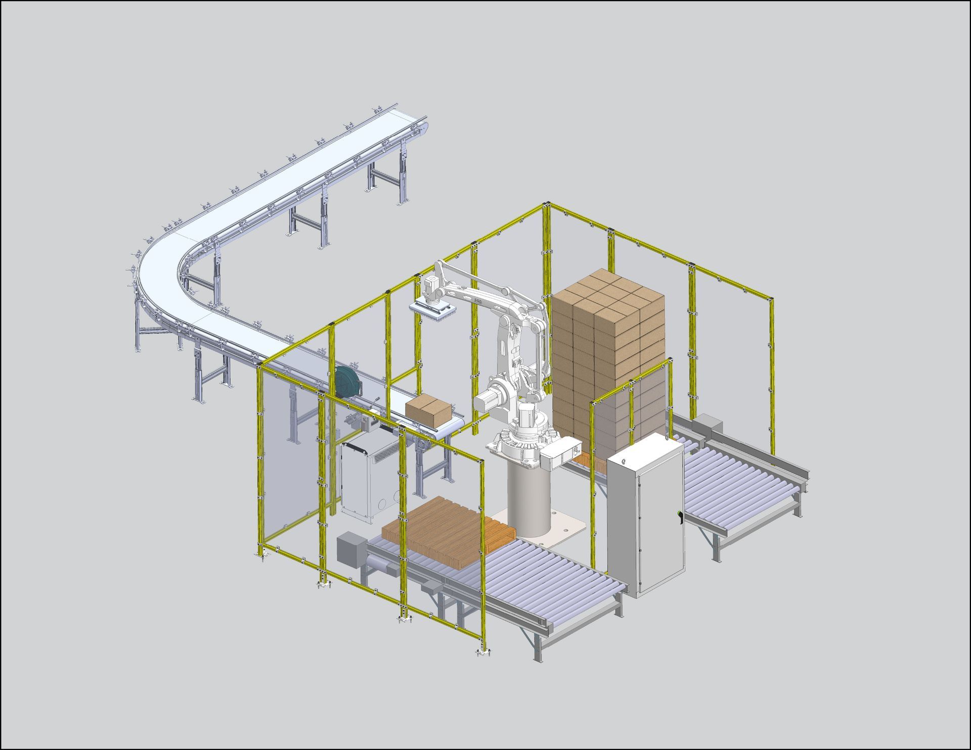 Robot arm packaging boxes from a conveyor belt, within a safety enclosure; gray and yellow.