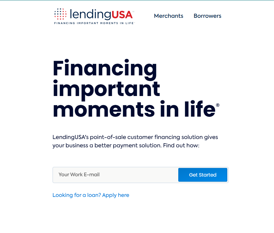 LendingUSA homepage with “Financing important moments in life” headline and loan search form