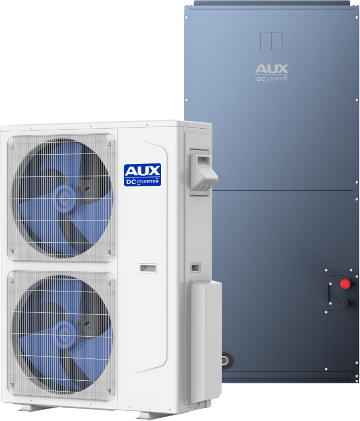Two AUX air conditioner units, a white outdoor condenser and a dark blue indoor unit panel.