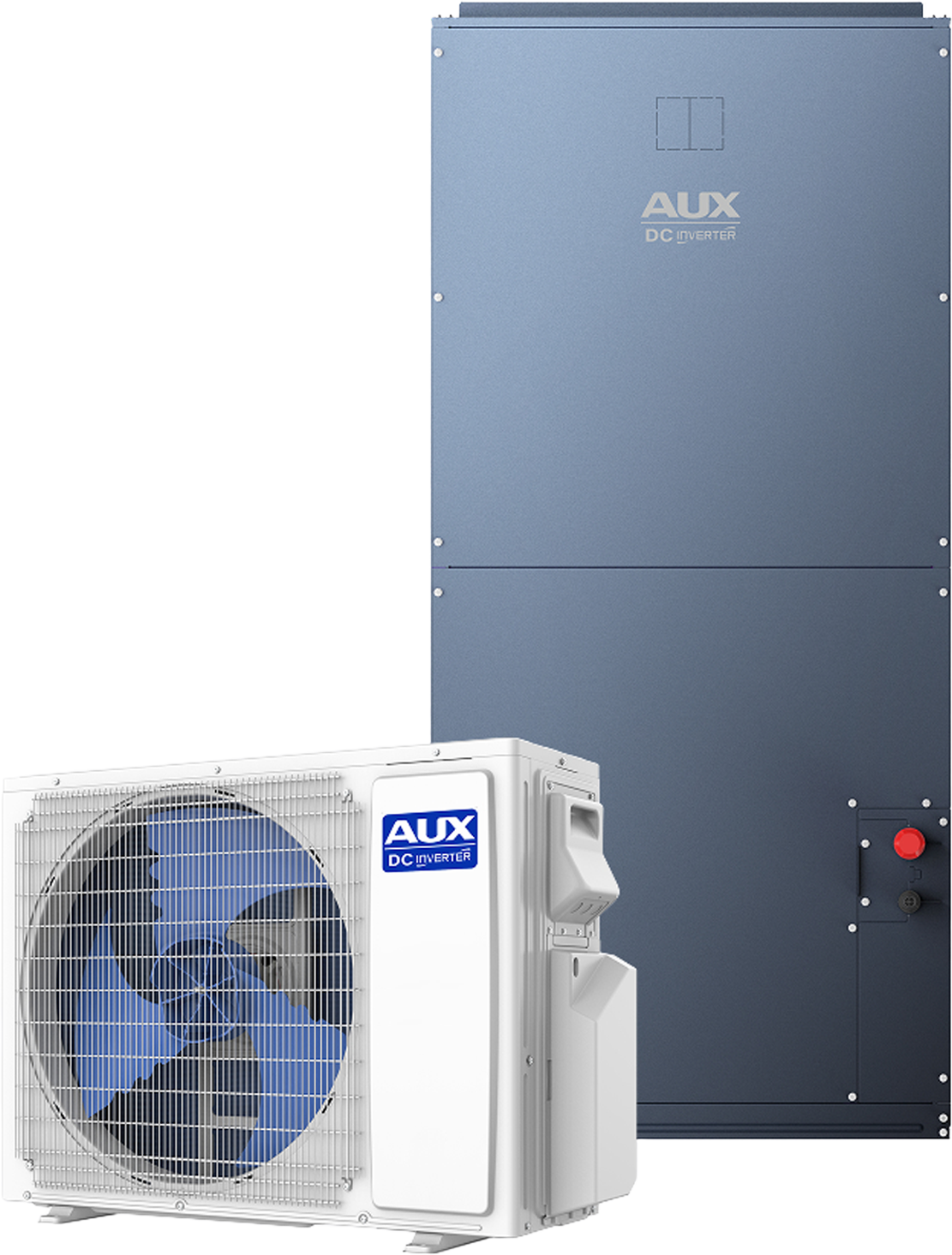 AUX HVAC system: indoor unit, outdoor compressor, and tall gray cabinet unit
