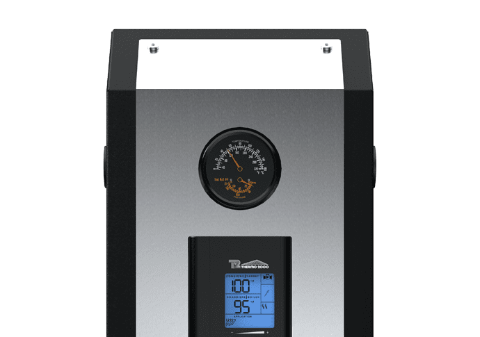 Black-and-gray cylindrical device with a round gauge and a small blue digital display