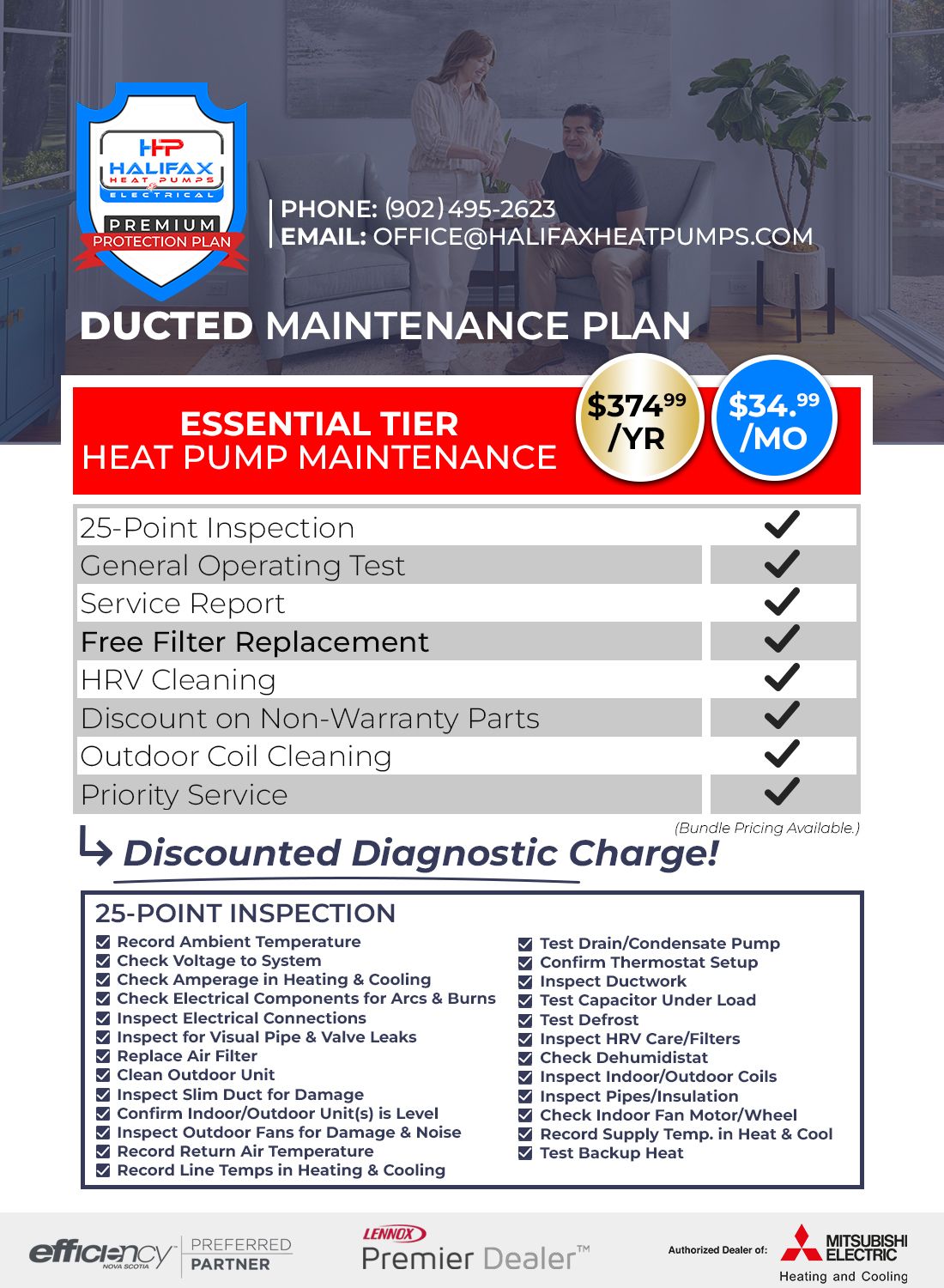 Flyer advertising ducted maintenance plan with heat pump maintenance checklist and discounted diagnostic charge.