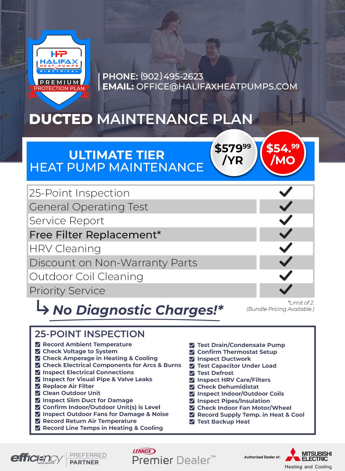 Flyer for ducted maintenance with heater pump inspection checklist and service icons on a blue background