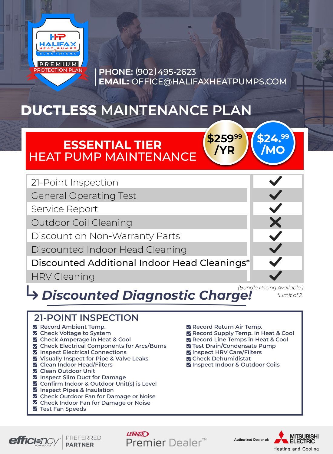 Ductless maintenance plan flyer with heat pump maintenance checklist and pricing badges in red, blue, and white