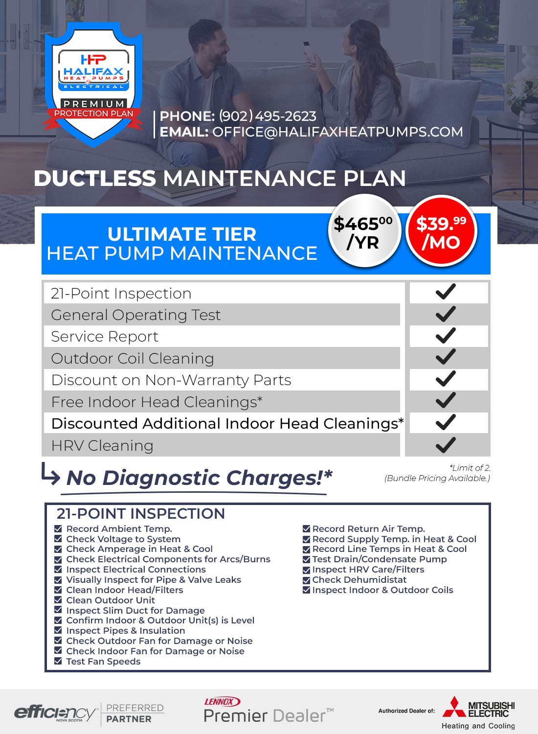 Blue-and-white ductless maintenance plan flyer with service checklist, pricing badges, and company logo.