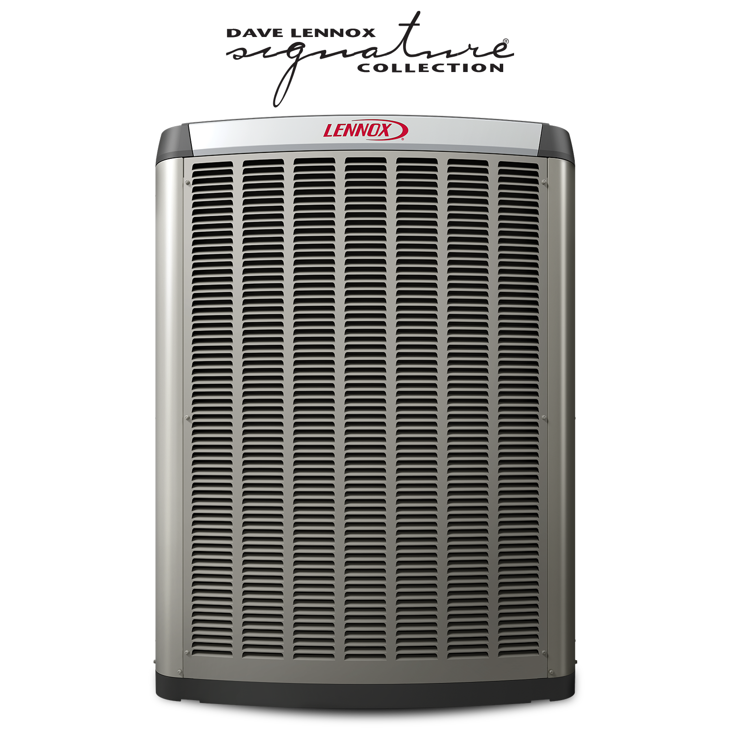 Lennox Signature Series front-view HVAC furnace unit, silver and black with red logo.