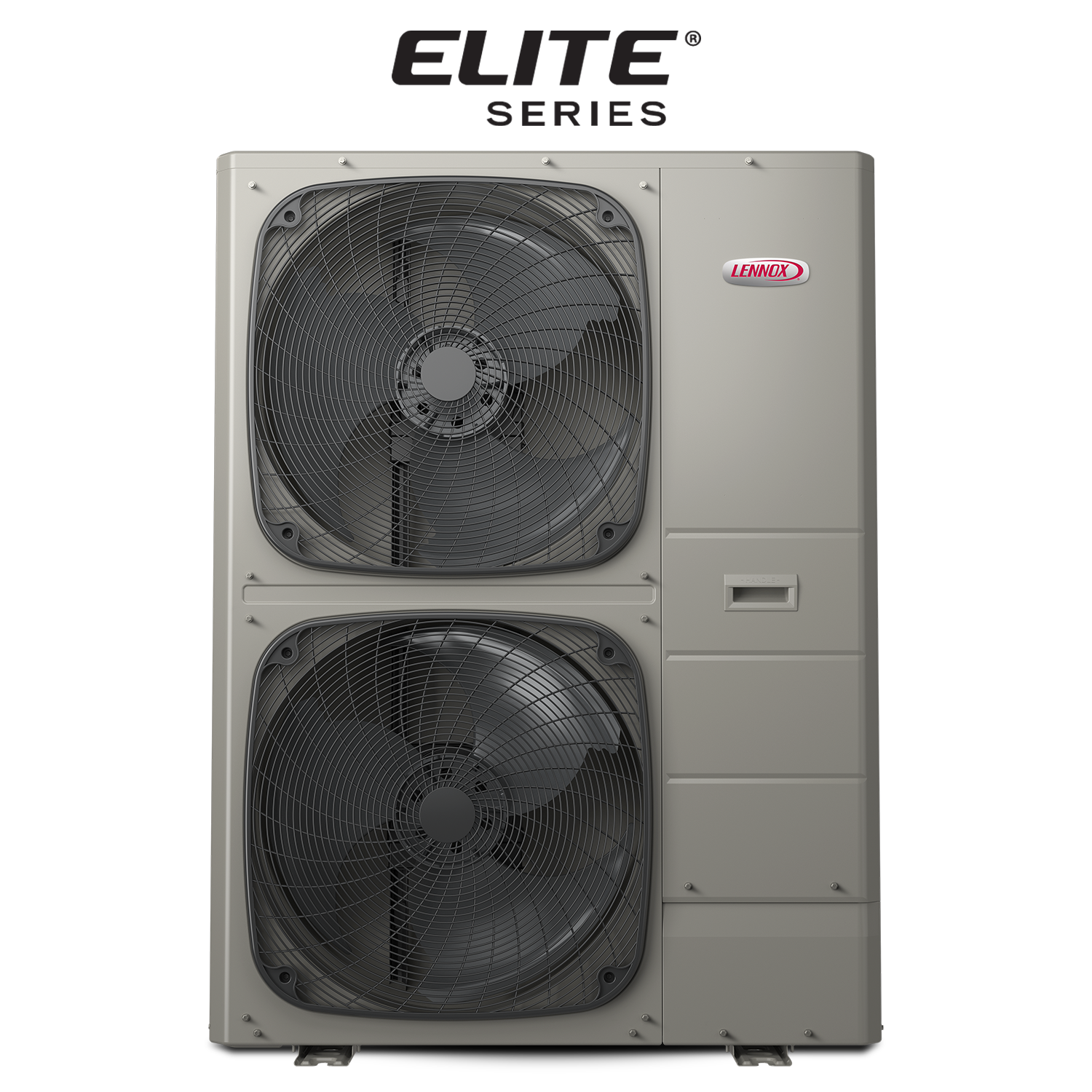 Elite Series outdoor HVAC unit with two large fans in a gray metal cabinet