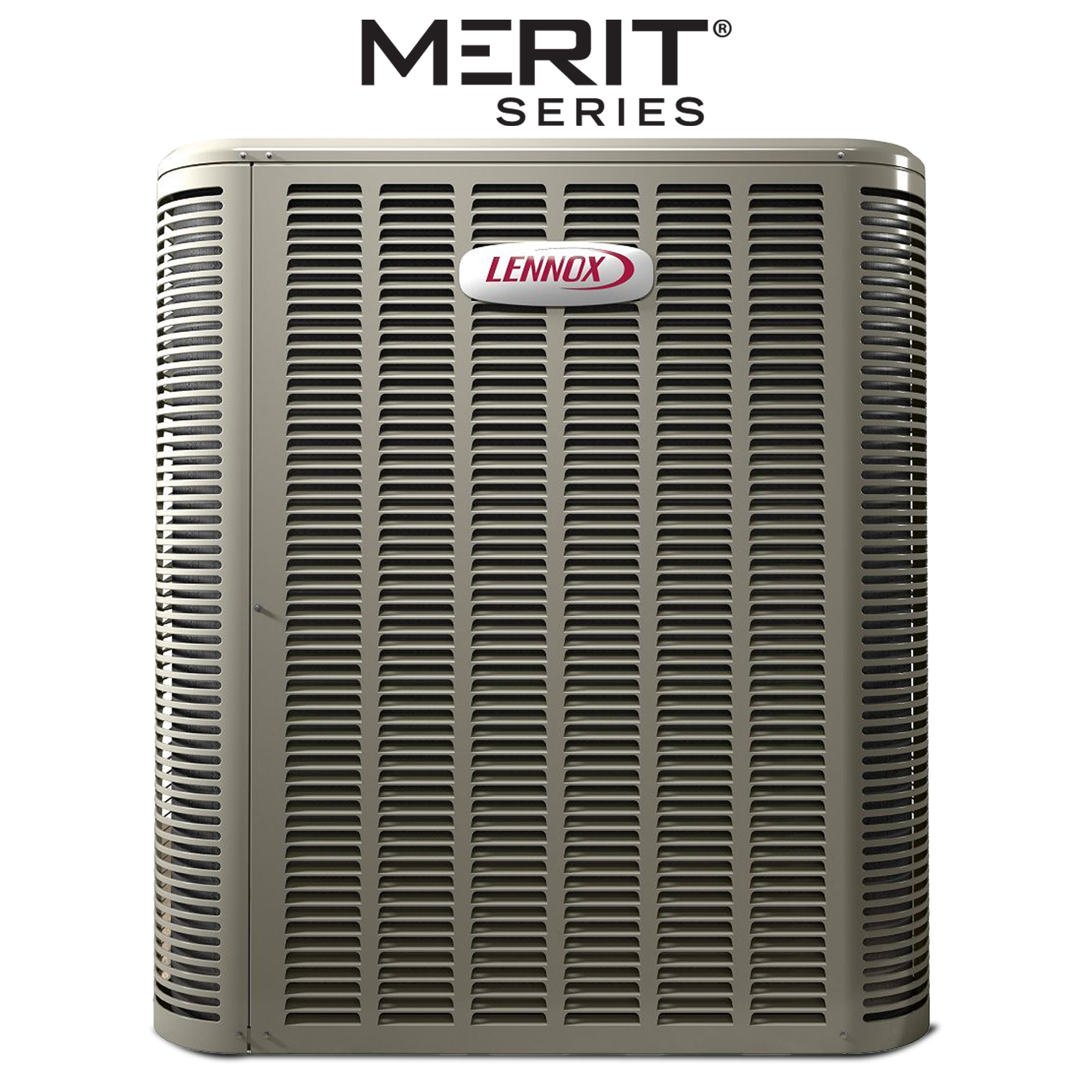 Lennox Merit Series beige outdoor air conditioner unit with front grille and logo