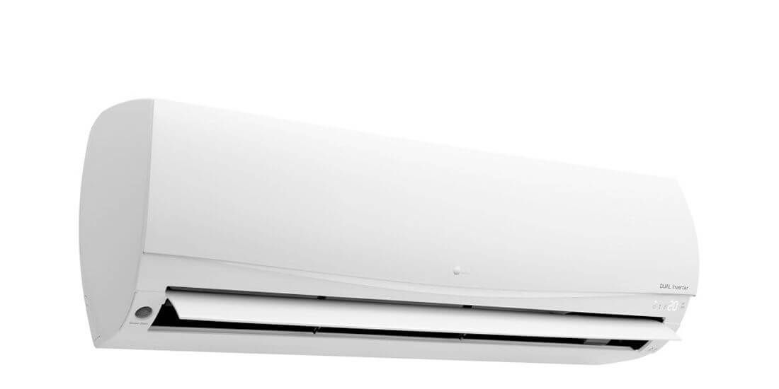 White wall-mounted air conditioner unit with a black vent opening