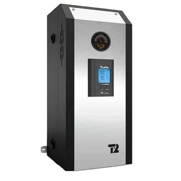Black and silver industrial device with a blue digital display and round gauge on the front