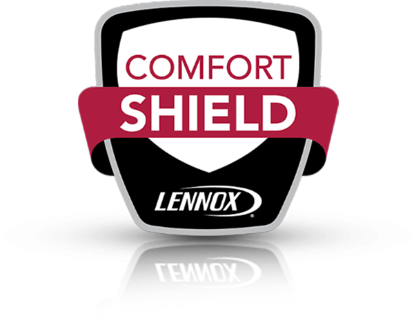 Lennox Comfort Shield logo in black, white, and red with a shield-shaped emblem.