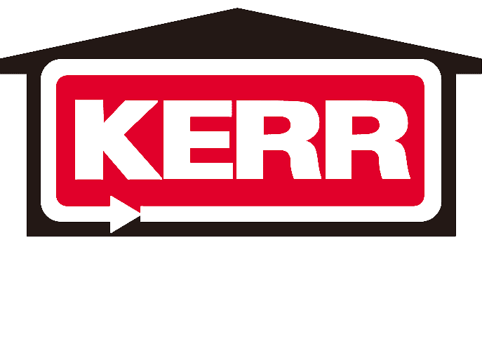 KERR logo in white on a red sign with black border and roof-like top design