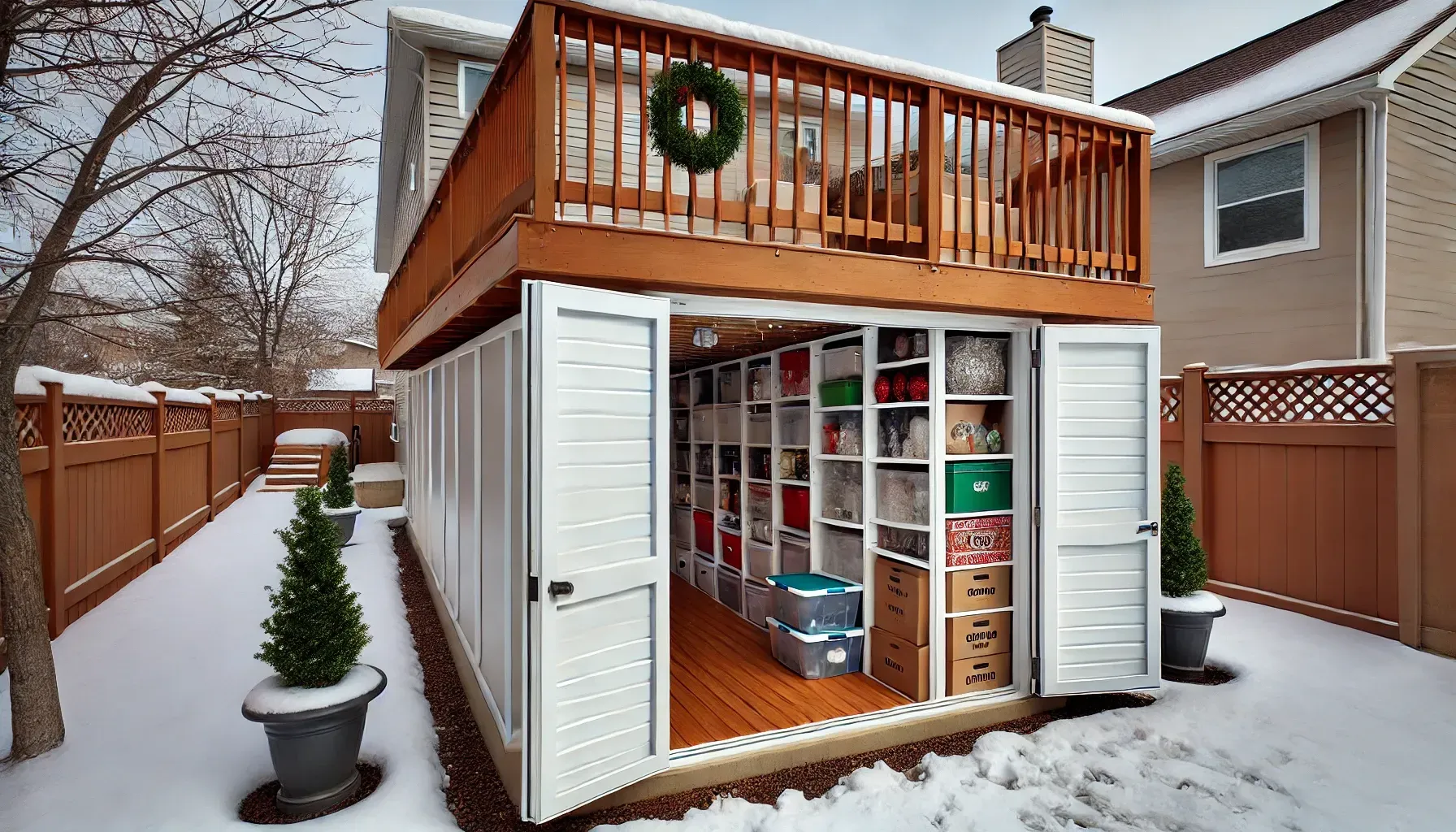 Under deck storage shed with stashed away holiday decorations.