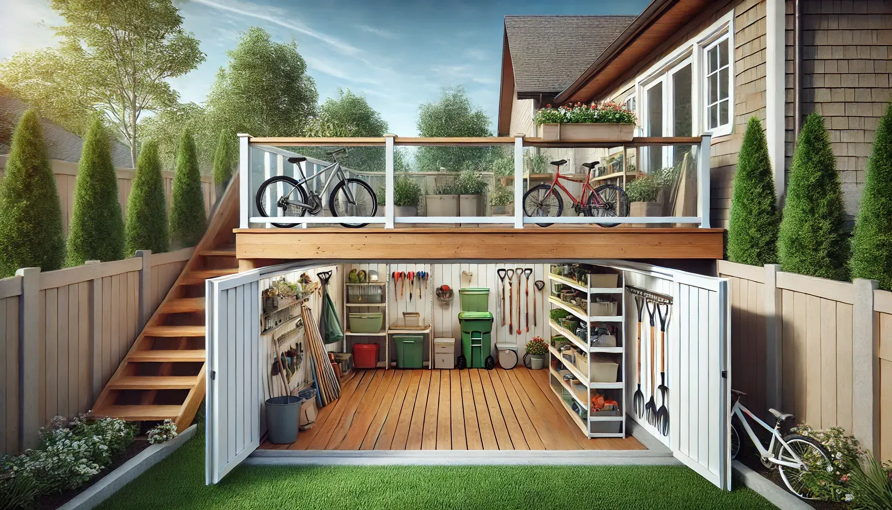 Under deck storage with stashed away Summer and Fall items.