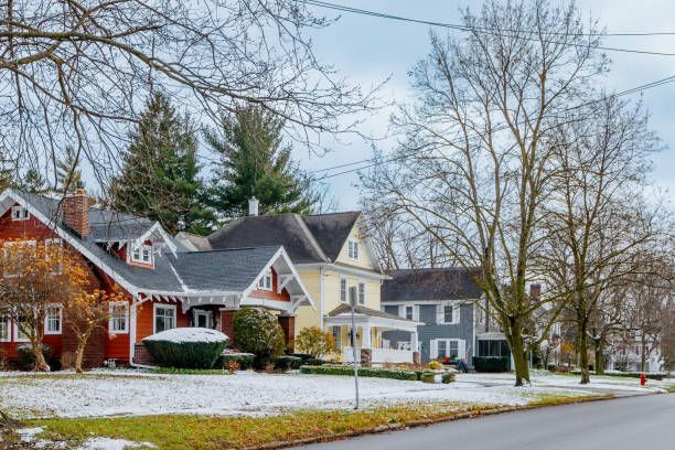 A row of houses on a snowy street with trees in the background.