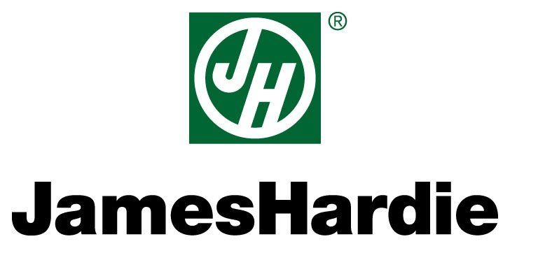The logo for james hardie is green and black on a white background.