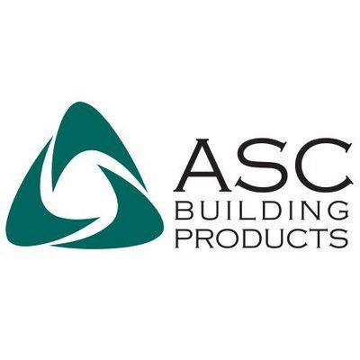 A logo for asc building products with a green triangle on a white background.