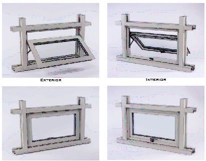 Four views of a gray folding window frame, showing exterior and interior angles.