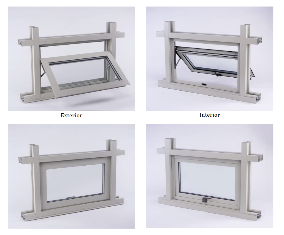 Four views of a gray folding window frame, showing exterior and interior angles.