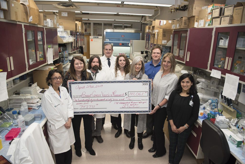 Dr. Tuohy and his research team with large check in 2019 for Breast Cancer Vaccine Fund | Brakes For Breasts