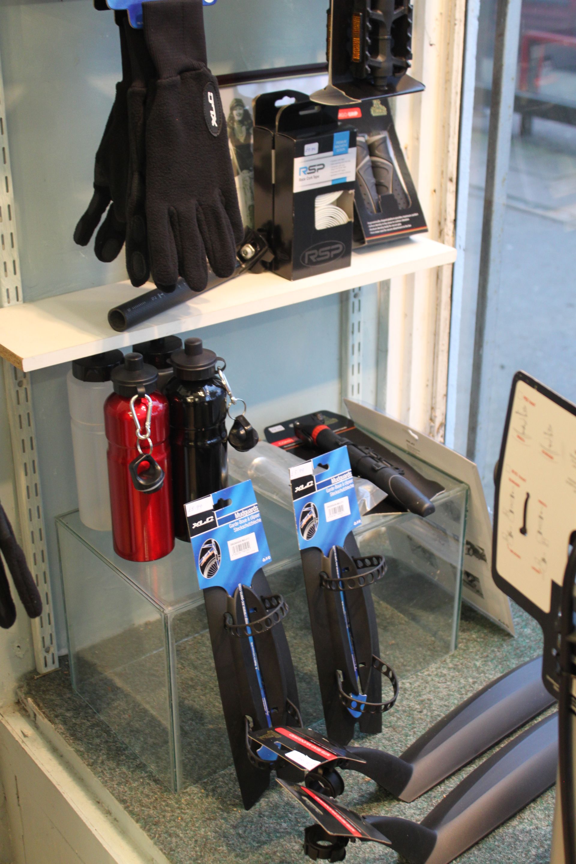 drinks bottles, gloves and other bike accessories