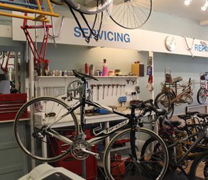 bicycle in the servicing bay