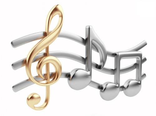Golden treble clef with silver musical notes and staff lines.