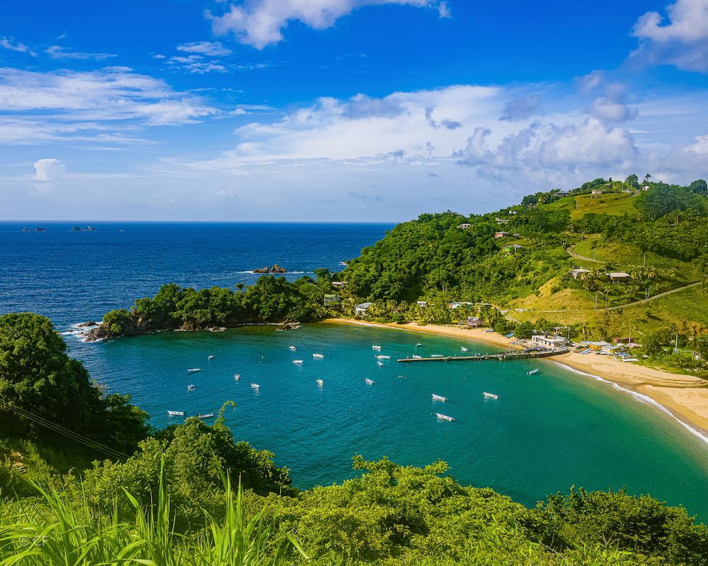 Turquoise bay with white boats, sandy beach, and lush green hillside under a bright blue sky