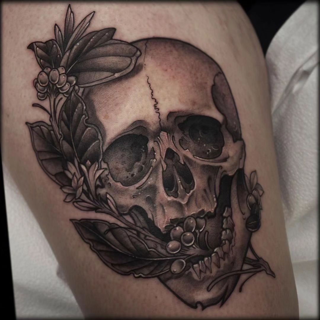 Skull With Leaf Tattoo – Gainesville, FL – Bodytech Tattooing & Piercing