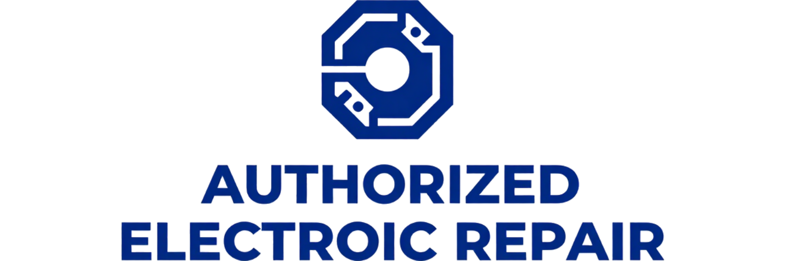 Logotipo azul con un icono octogonal y el texto “REPARACIÓN ELÉCTRICA AUTORIZADA”.