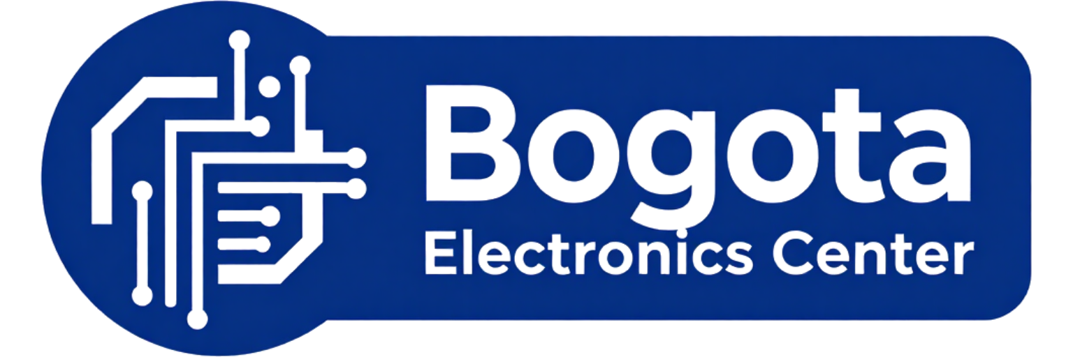 Logotipo del Centro Electrónico de Bogotá sobre fondo azul con icono de circuito blanco y texto