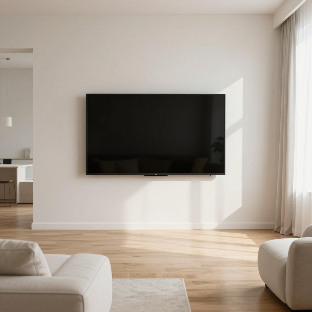 Sala de estar minimalista con televisor de pared, suelos de madera clara y muebles blancos, bañada por la luz del sol.