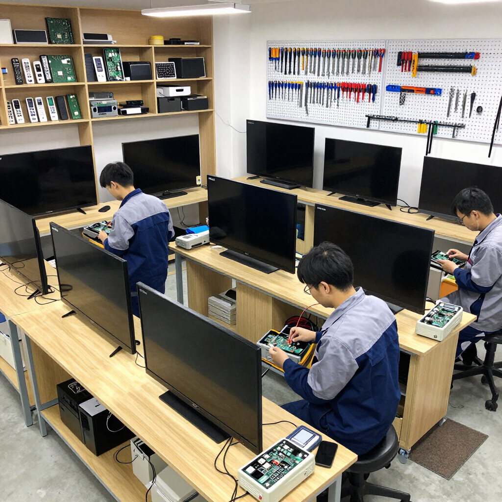 Tres personas ensamblan monitores de computadora en un taller, con herramientas y piezas en estantes en la pared.