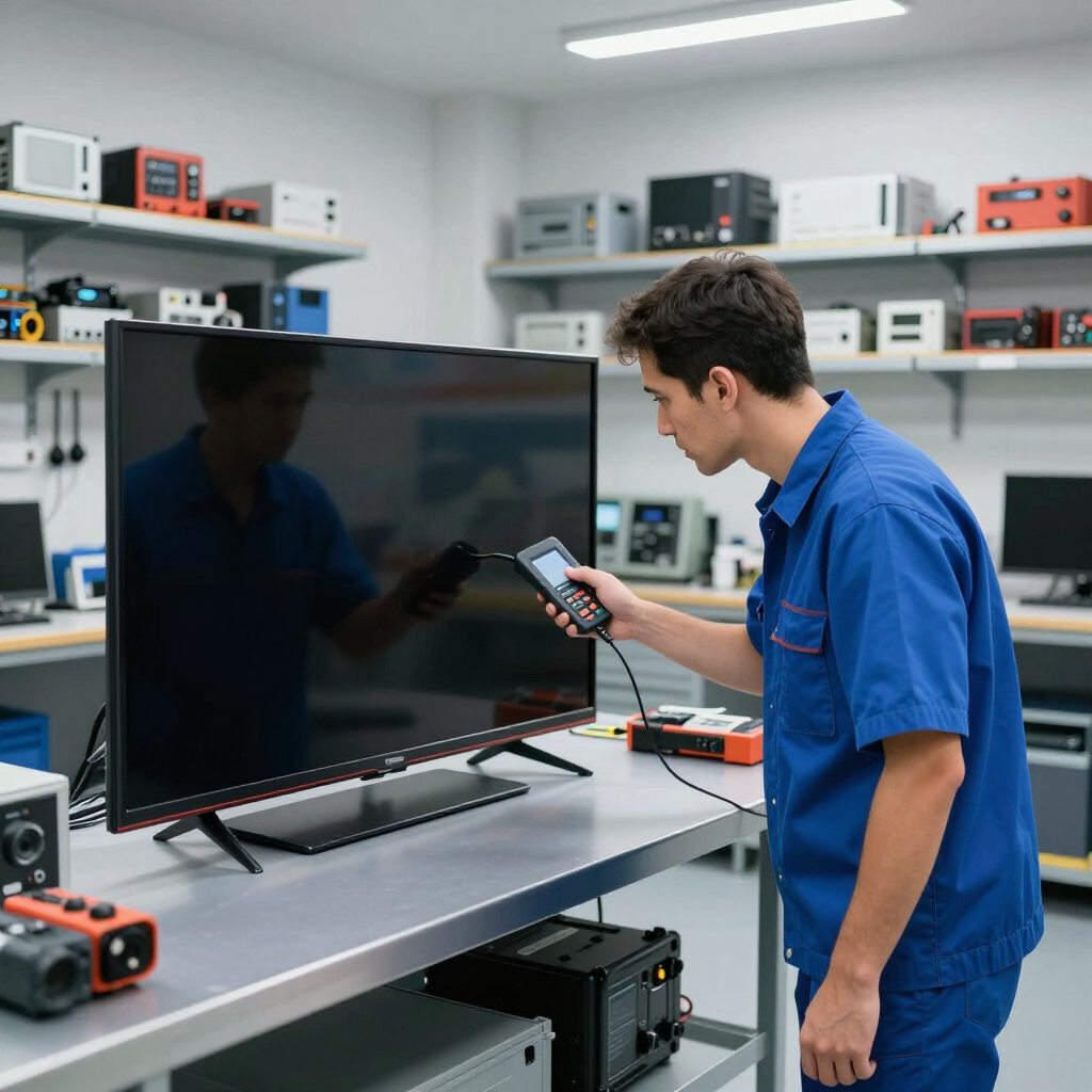 Técnico con camisa azul probando un teléfono inteligente junto a un monitor grande en un taller de electrónica.